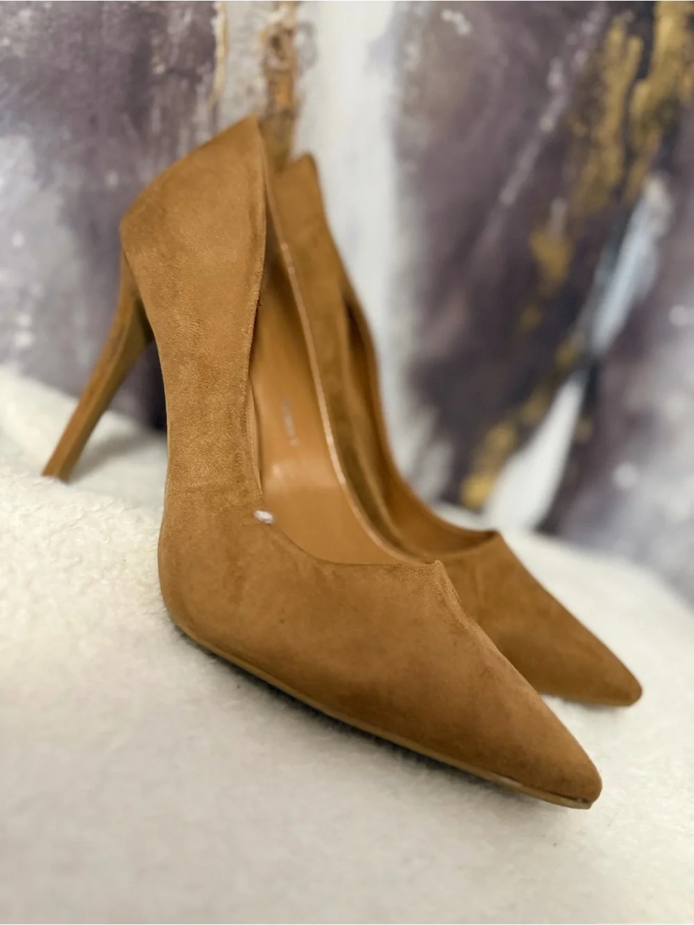 Suede Pointed-Toe Pumps in Camel